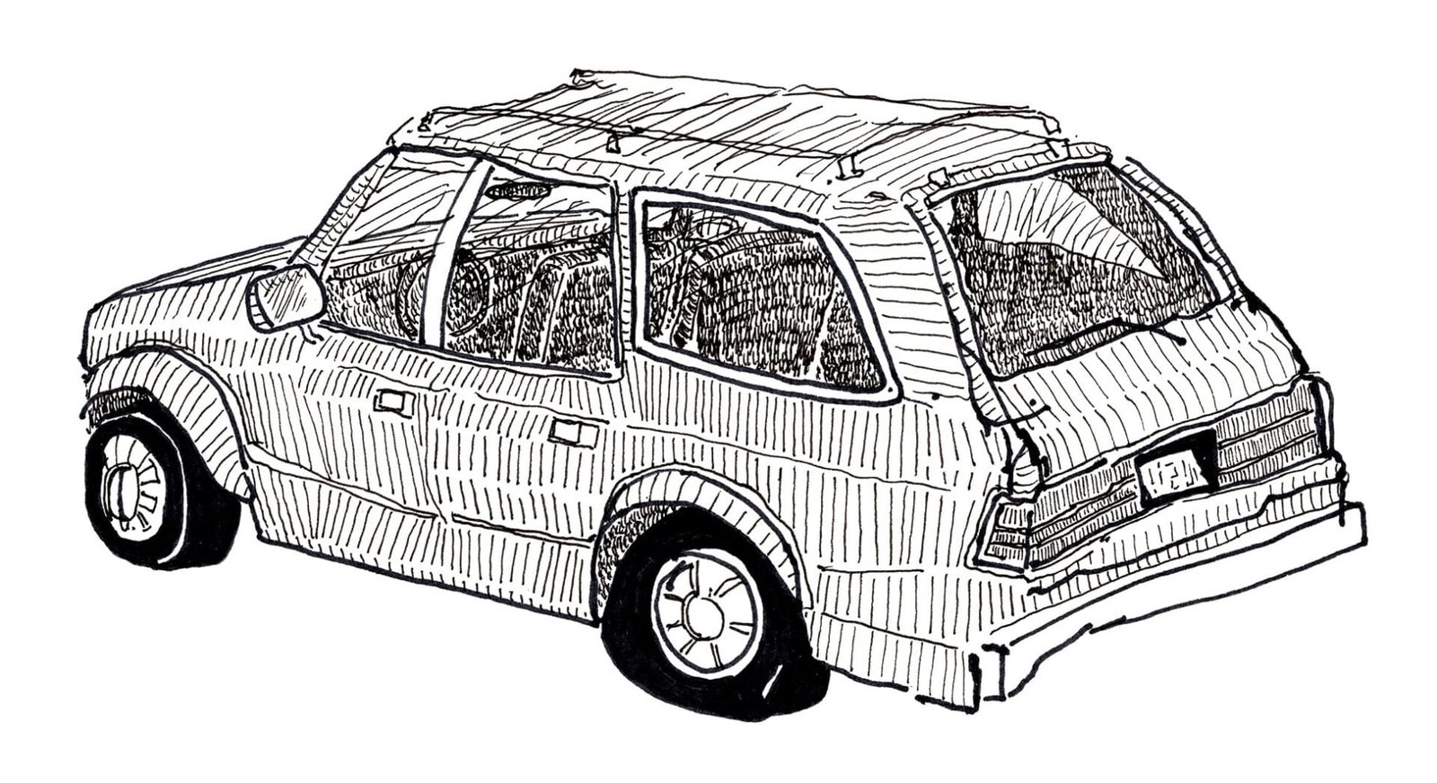A black and white drawing of an old AMC Eagle.
