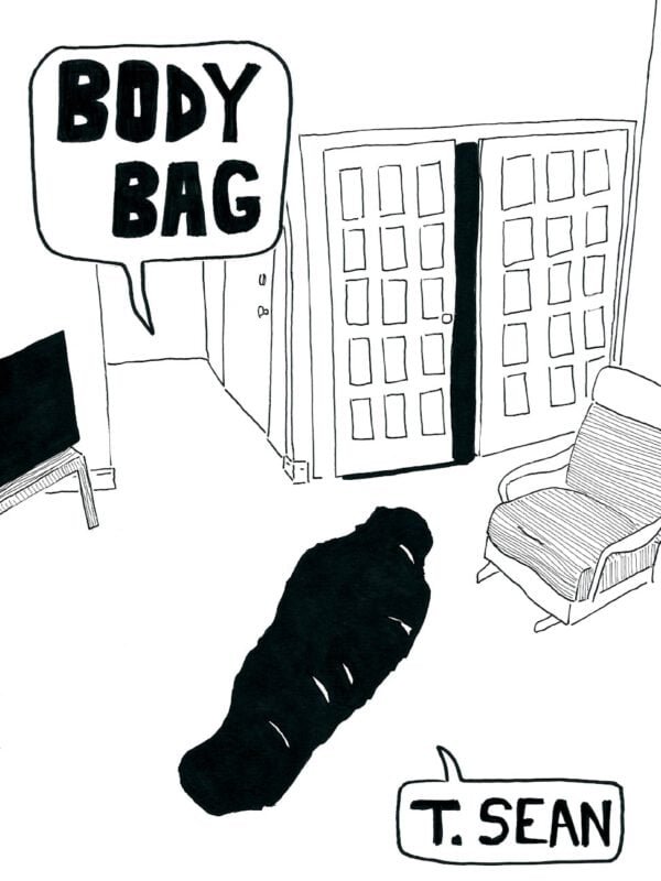 Front cover of "Body Bag" by T. Sean Steele. Black and white drawing of a midwestern living room interior with a figure inside of a black body bag on the flood in the center.