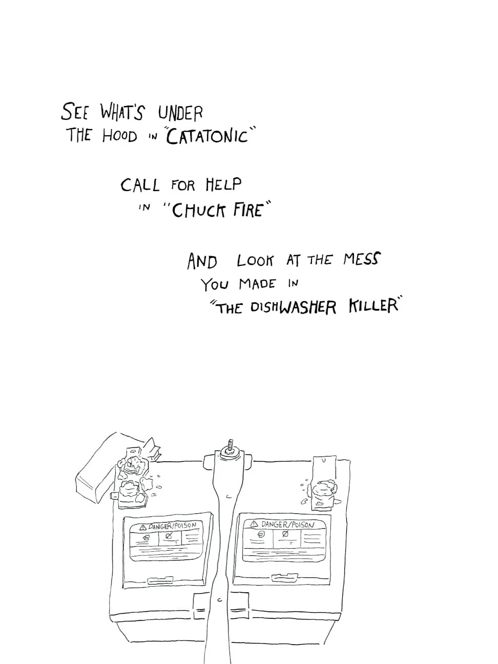 Catatonic Back Cover Back cover of "Catatonic" by T. Sean Steele. See what's under the hood in "Catatonic." Call for help in "Chuck Fire." And look at the mess you made in "The Dishwasher Killer." Image: Black and white drawing of a rusty car battery.