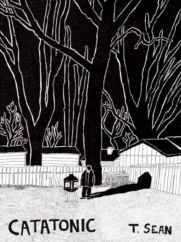Front cover of "Catatonic" by T. Sean Steele. A black and white drawing of a midwestern nighttime backyard scene. In the center, a figure stands next to a lit portable fire pit, and their shadow is cast onto a wooden fence. Behind them is a large tree and a pile of firewood. Neighboring suburban houses can be seen in the background.