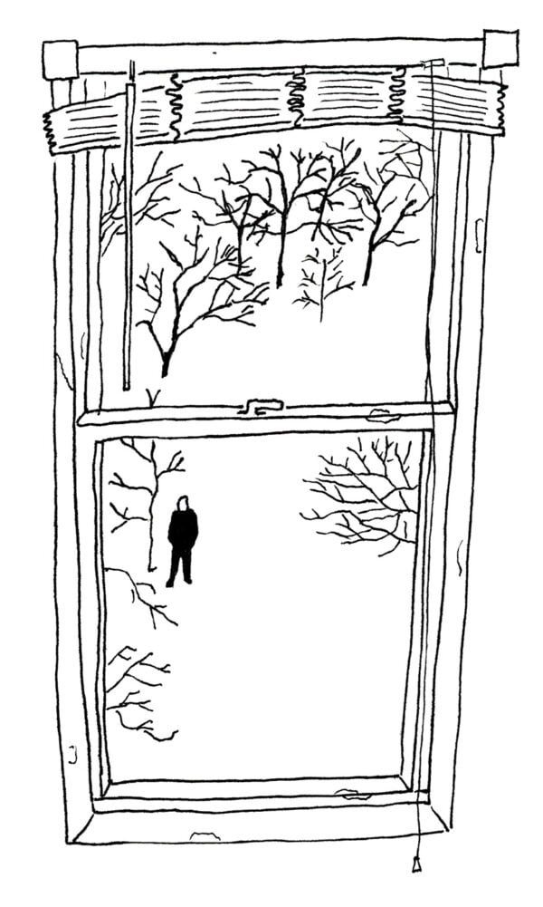 Black and white drawing of a view looking through an old window down below. In the distance, a figure of a person is looking up at the window, standing amongst bare winter trees.