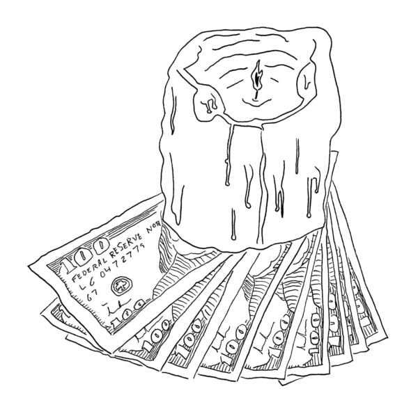 Drawing of a lit, melted candle with nine $100 tucked underneath.