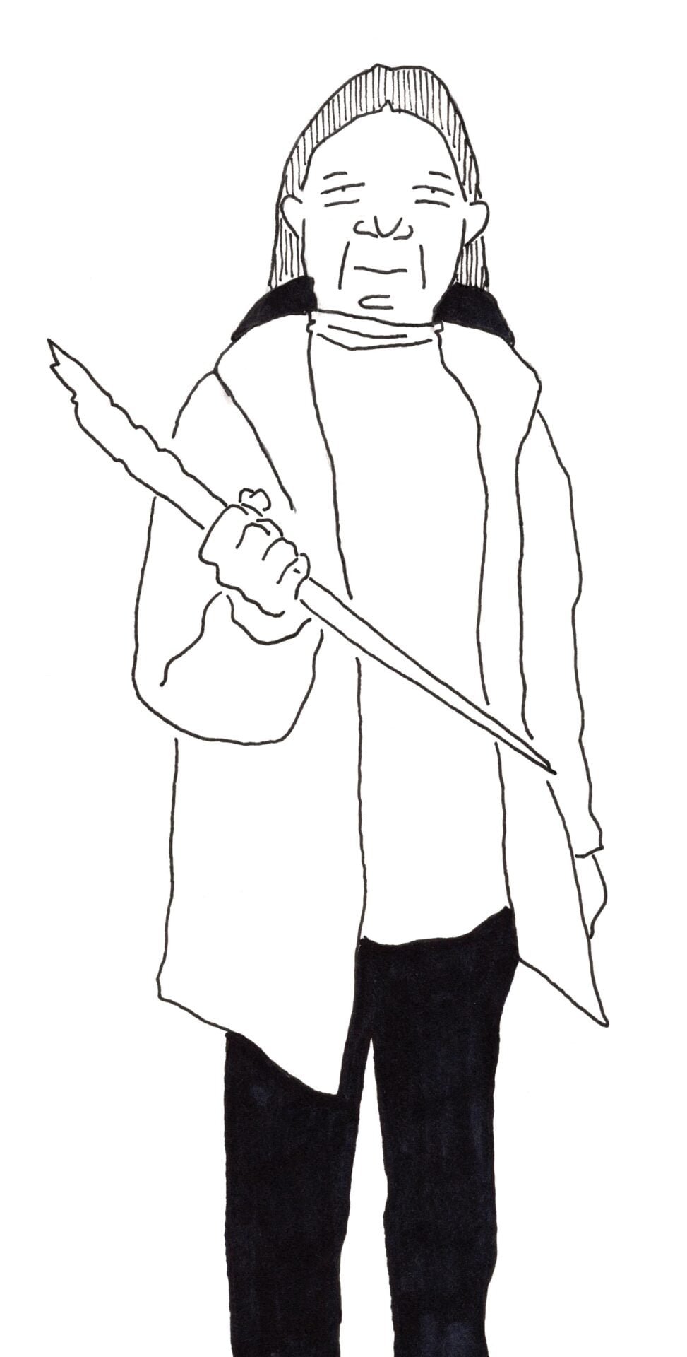 A person wearing a winter coat holding a large icicle.