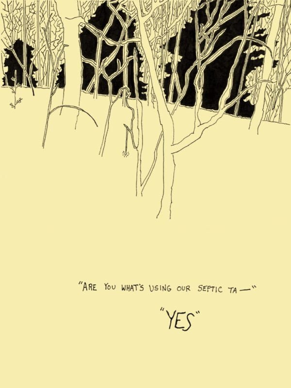Back cover of "Sungazer" by T. Sean Steele. "Are you what's using our septic ta—" "YES." Image: Black and white drawing of woods. Hanging from the branch of a tree in the foreground is a necklace.