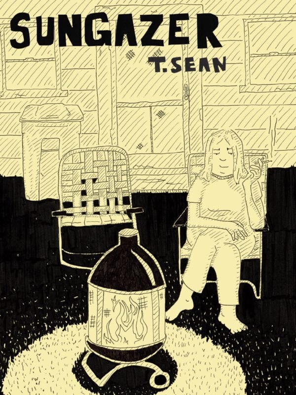 Front cover of "Sungazer" by T. Sean Steele. Black and white drawing of Laura, sitting in a outdoor folding chair in her backyard and smoking a cigarette. It's nighttime, and a portable fire pit in the foreground is lit.