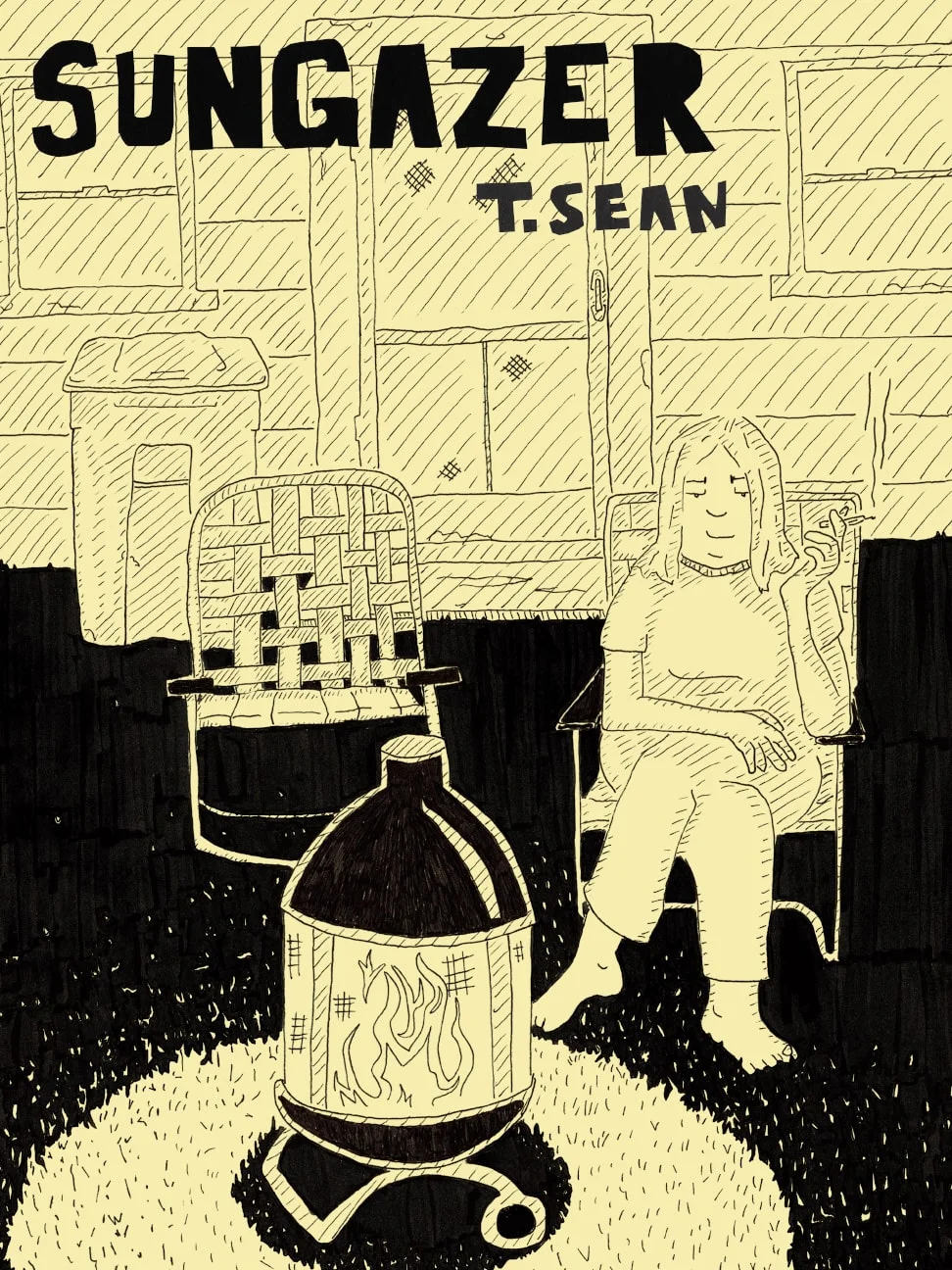 Front cover of "Sungazer" by T. Sean Steele. Black and white drawing of Laura, sitting in a outdoor folding chair in her backyard and smoking a cigarette. It's nighttime, and a portable fire pit in the foreground is lit.