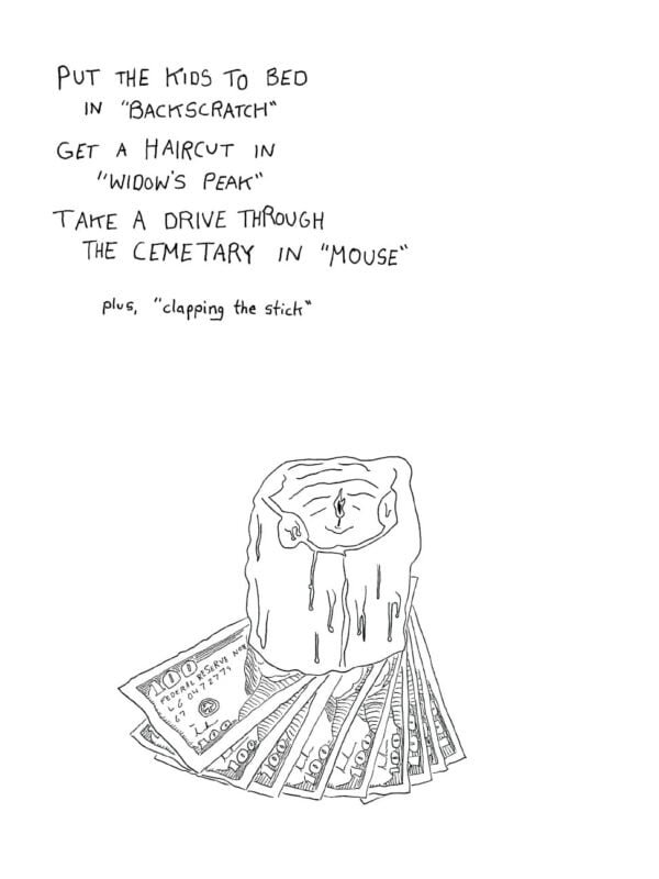 Back cover of "The Money Candle" by T. Sean Steele. Put the kids to bed in "Backscratch." Get a haircut in "Widow's Peak." Take a drive through the cemetary in "Mouse." Plus, "Clapping the stick." Image: Black and white drawing of a melted candle with nine $100 bills tucked underneath.