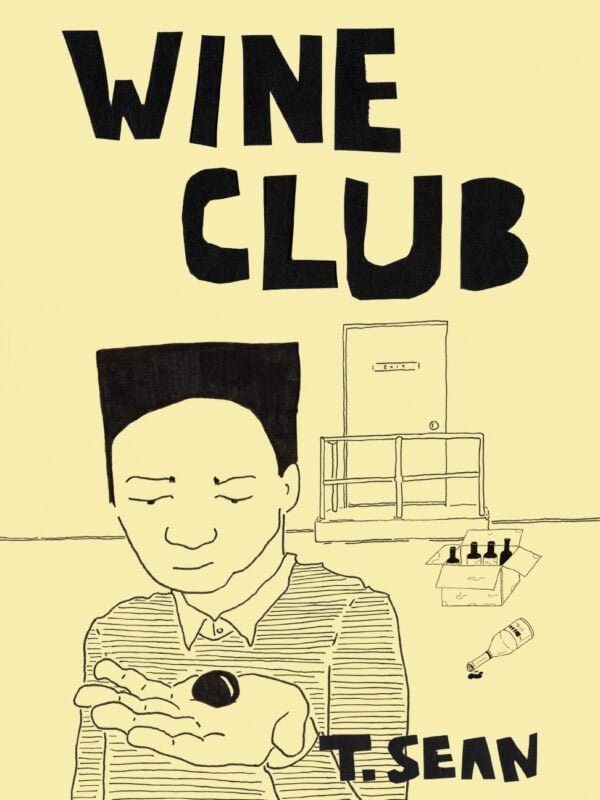 Book cover of "Wine Club" by T. Sean Steele. A black and white drawing of a man with a flat top haircut looking at a marble that he is holding in the palm of his hand. A box of empty wine bottles are visible on the ground of the alley behind him.